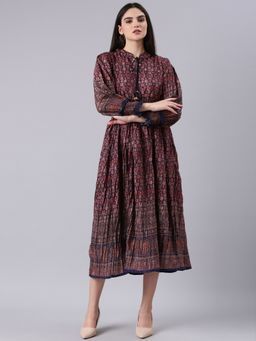 SHOWOFF - Women Tie-Up Neck Long Sleeves Printed Navy Blue Midi Dress