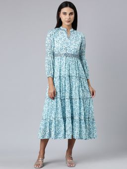 SHOWOFF - Women Mandarin Neck Three Fourth Sleeves Fit And Flare Floral Blue Midi Dress