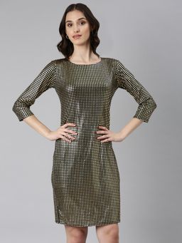 SHOWOFF - Women Round Neck Three Fourth Sleeves Bodycon Checked Gold Above Knee Dress