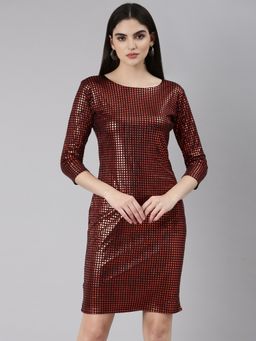 SHOWOFF - Women Round Neck Three Fourth Sleeves Bodycon Checked Red Above Knee Dress