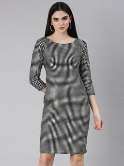 SHOWOFF - Women Round Neck Three Fourth Sleeves Bodycon Checked Silver Above Knee Dress