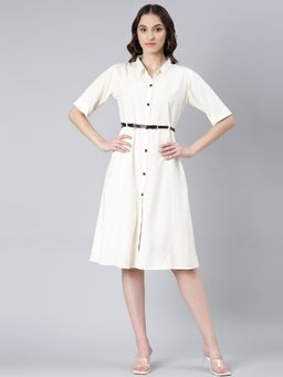 SHOWOFF - Women Shirt Collar Short Sleeves Shirt Solid Cream Knee Length Dress (Set of 2)