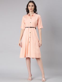 SHOWOFF - Women Shirt Collar Short Sleeves Shirt Solid Peach Knee Length Dress (Set of 2)