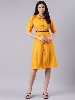 SHOWOFF - Women Shirt Collar Short Sleeves Shirt Solid Yellow Knee Length Dress (Set of 2)