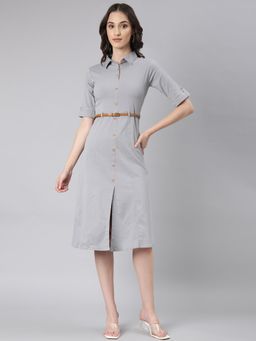 SHOWOFF - Women Shirt Collar Short Sleeves Shirt Solid Grey Knee Length Dress (Set of 2)