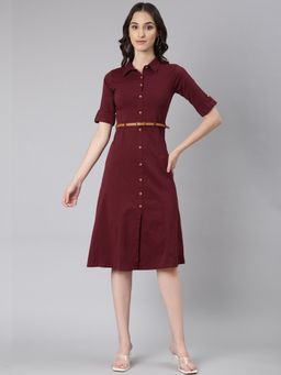 SHOWOFF - Women Shirt Collar Short Sleeves Shirt Solid Maroon Knee Length Dress (Set of 2)