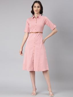 SHOWOFFFF - Women Shirt Collar Short Sleeves Shirt Solid Pink Knee Length Dress (Set of 2)