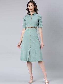 SHOWOFFFF - Women Shirt Collar Short Sleeves Shirt Solid Sea Green Knee Length Dress (Set of 2)