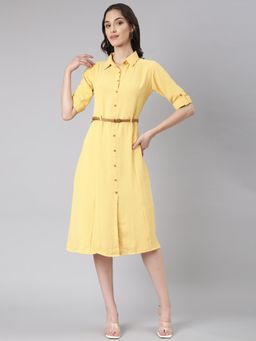 SHOWOFF - Women Shirt Collar Solid Yellow Knee Length Dress (Set of 2)