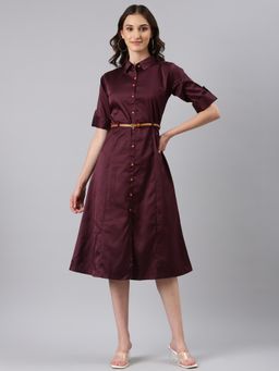 SHOWOFF - Women Shirt Collar Three Fourth Sleeves Shirt Solid Purple Midi Dress