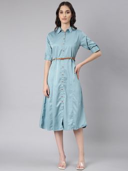 SHOWOFF - Women Shirt Collar Three Fourth Sleeves Shirt Solid Teal Midi Dress