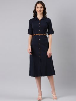SHOWOFF - Women Shirt Collar Solid Navy Blue Knee Length Dress (Set of 2)