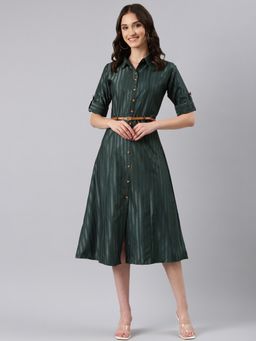 SHOWOFF - Women Shirt Collar Three Fourth Sleeves Shirt Striped Olive Midi Dress