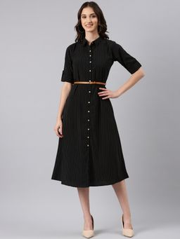 SHOWOFF - Women Shirt Collar Striped Black Midi Dress (Set of 2)