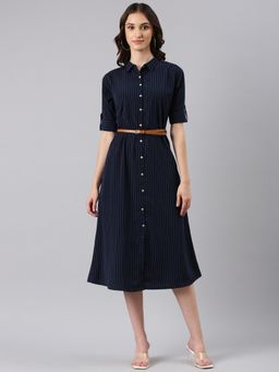 SHOWOFF - Women Shirt Collar Striped Navy Blue Midi Dress (Set of 2)