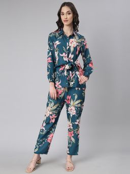 SHOWOFF - Women Long Sleeves Shirt Collar Teal Floral Printed Co-Ord (Set of 2)