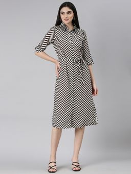 SHOWOFF - Shirt Collar Short Sleeves A-Line Geometric Black And White Midi Dress (Set of 2)