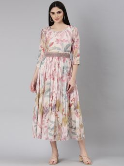 SHOWOFF - Women Round Neck Three Fourth Sleeves Fit And Flare Tropical Cream Midi Dress