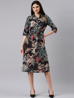 SHOWOFF - Women Shirt Collar Three Fourth Sleeves Shirt Floral Black Midi Dress (Set of 2)