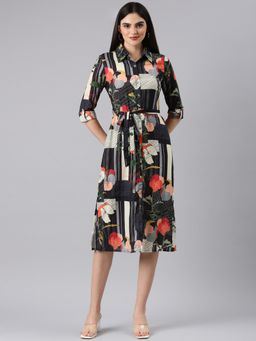 SHOWOFF - Women Shirt Collar Three Fourth Sleeves Shirt Floral Black Midi Dress (Set of 2)