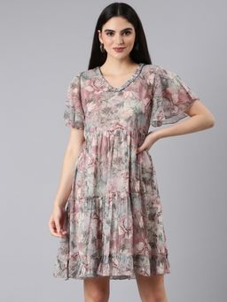SHOWOFF - Women V-Neck Flare Sleeves Empire Floral Grey Above Knee Dress