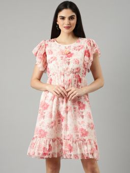 SHOWOFF - Women Round Neck Ruffled Sleeves Floral Off White Above Knee Dress