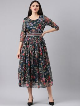 SHOWOFF - Women Round Neck Three Fourth Sleeves Floral Green Midi Dress