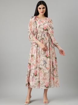SHOWOFF - Women Round Neck Three Fourth Sleeves Floral Cream Maxi Dress