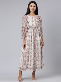 SHOWOFF - Women Round Neck Long Sleeves Fit And Flare Bohemian Off White Maxi Dress