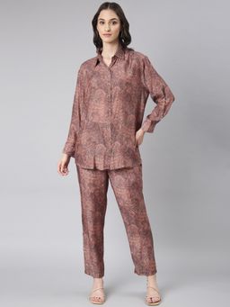 SHOWOFF - Women Long Sleeves Shirt Collar Mauve Paisley Co-Ord (Set of 2)
