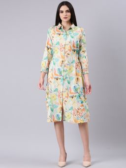 SHOWOFF - Women Shirt Collar Long Sleeves Shirt Floral Cream Midi Dress