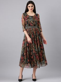 SHOWOFF - Women Round Neck Three Fourth Sleeves Floral Black Midi Dress