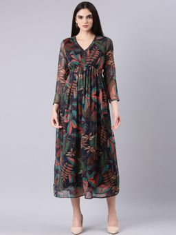 SHOWOFF - Women V-Neck Three Fourth Sleeves Empire Tropical Black Midi Dress