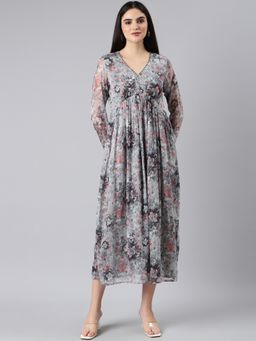 SHOWOFF - Women V-Neck Three Fourth Sleeves Empire Floral Grey Midi Dress