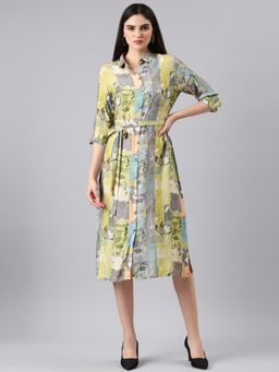 SHOWOFF - Shirt Collar Three Fourth Sleeves Shirt Abstract Lime Green Midi Dress (Set of 2)
