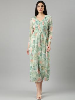 SHOWOFF - Women V-Neck Three Fourth Sleeves Floral Sea Green Midi Dress