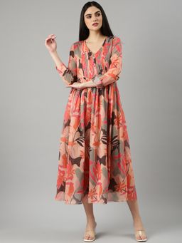 SHOWOFF - Women V-Neck Three Fourth Sleeves A-Line Floral Peach Midi Dress