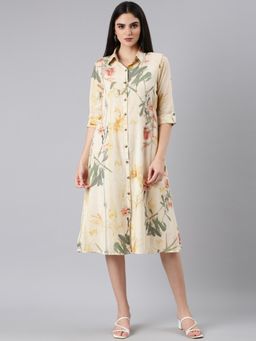 SHOWOFF - Women Shirt Collar Three Fourth Sleeves Shirt Floral Cream Midi Dress