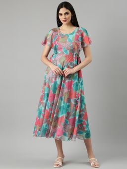 SHOWOFF - Women Round Neck Short Sleeves Floral Turquoise Midi Dress