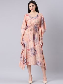 SHOWOFF - Women V-Neck Short Sleeves Kaftan Floral Peach Midi Dress