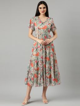 SHOWOFF - Women V-Neck Short Sleeves Floral Sea Green Midi Dress