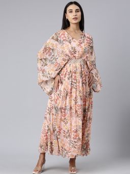 SHOWOFF - Women V-Neck Long Sleeves Floral Peach Maxi Dress