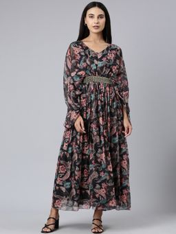 SHOWOFF - Women V-Neck Long Sleeves Floral Black Maxi Dress