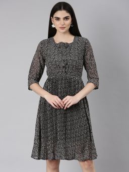 SHOWOFF - Women Round Neck Three Fourth Sleeves Floral Black Knee Length Dress