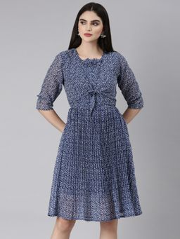 SHOWOFF - Women Round Neck Three Fourth Sleeves Floral Navy Blue Knee Length Dress