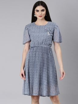 SHOWOFF - Women Round Neck Short Sleeves Floral Blue Knee Length Dress