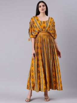 SHOWOFF - Women Square Neck Short Sleeves Fit And Flare Bohemian Mustard Maxi Dress