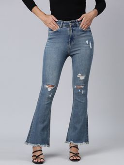 SHOWOFFFF - Women Highly Distressed Mid-Rise Blue Boot Cut Denim Jeans