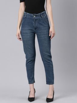 SHOWOFF - Women Clean Look Mid-Rise Navy Blue Mom Fit Denim Jeans