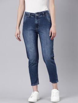SHOWOFFFF - Women Clean Look Mid-Rise Navy Blue Mom Fit Denim Jeans